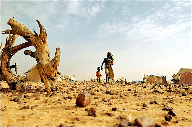 A Sudanese mother and her child arise at dawn to scavenge for food at Oure Cassoni refugee camp, Chad, August 2004.