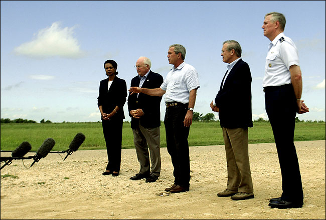 President George W. Bush with Condoleezza Rice, Dick Cheney, Donald Rumsfeld and Gen. Richard Myers at Bush's ranch, Crawford, Texas, August 23, 2004.