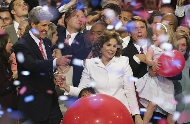 John Kerry celebrating his nomination with Teresa Heinz Kerry and John Edwards, July 29, the Democratic National Convention, Boston, 2004.