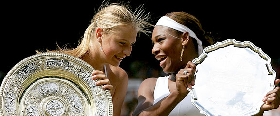 Maria Sharapova, 17, left, upset the defending champion, Serena Williams to become the first Russian and the third-youngest woman to win the Women's Singles championship title at the 118th Wimbledon Tennis Championship, the Centre Court at the All England Lawn Tennis and Croquet Club, London, July 3, 2004.