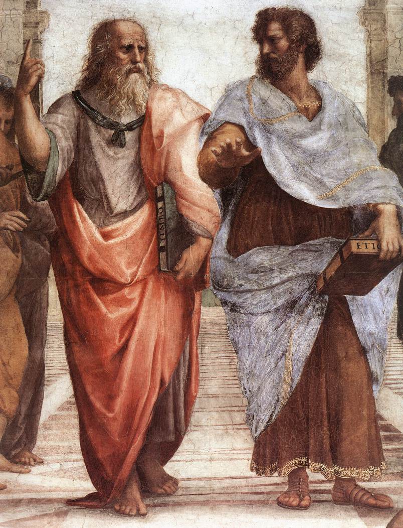 A detail representing Plato and Aristotle from the center of the picture The School of Athens (1508 - 1511) by Raphael (Raffaello Sanzio), Palazzi Pontifici, Vatican.