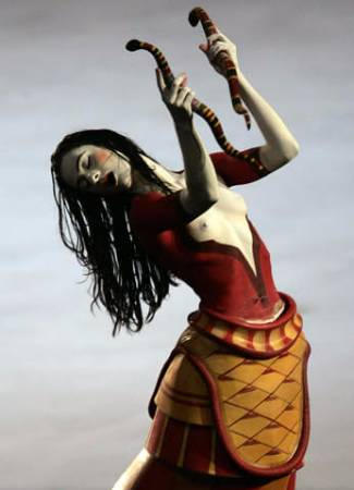 A half-nude female artist performs during the opening ceremony of the Athens 2004 Olympic Games, August 13, 2004.