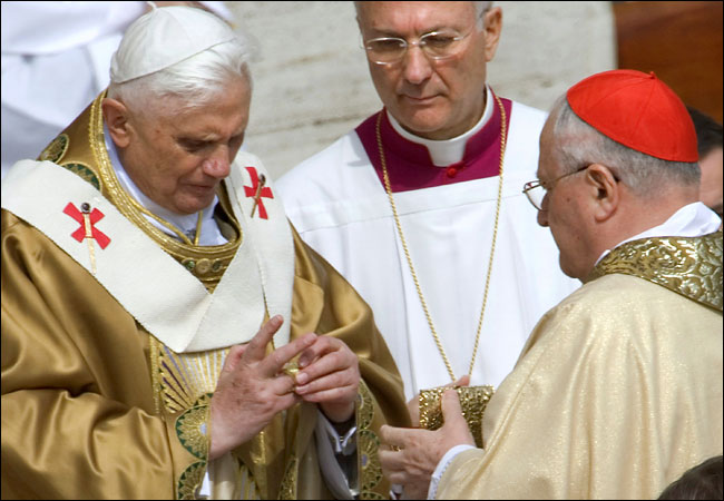Cardinal Joseph Ratzinger receives his official ring, as a part of his badge of office, during his installation as Pope Benedict XVI outdoor ceremonies on St. Peter's Square, Vatican, Rome, April 24, 2005.