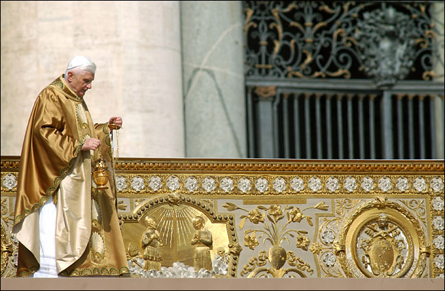 The new pope Benedict XVI takes incense around the altar during his inauguration mass on St. Peter's Square, Vatican, Rome, April 24, 2005.