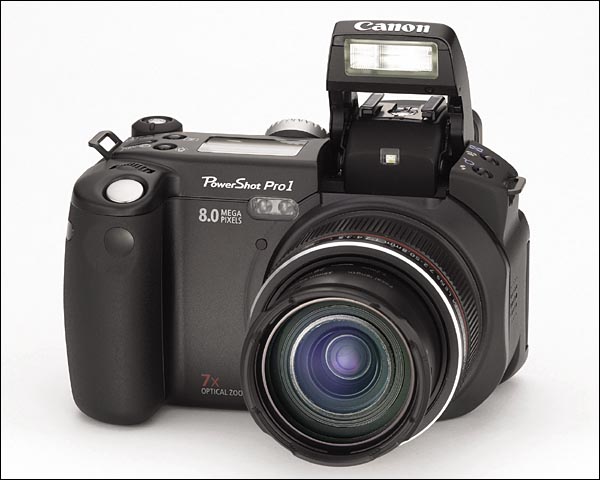 Canon Powershot Pro 1, equipped with a 2-inch L.C.D. screen and a 64-megabyte memory card is one of the earliest eight-megapixel pictures camera, pictured here in February 2005.