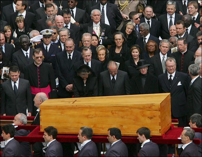 The funeral of Pope John Paul II begins before a somber throng of national and religious leaders and pilgrims from around the world in front of St. Peter's Basilica at the Vatican, April 8, 2005.