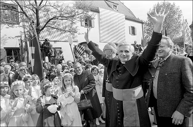 After being named archbishop of Munich and Freising, Joseph Ratzinger greets the faithful on his arrival in Munich, May 1977.