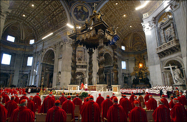 Cardinal Joseph Ratzinger leads his fellow cardinals in an open Mass at St. Peter's Basilica a few hours before they went into the Sistine Chapel to begin the conclave at the Vatican, April 17, 2005.