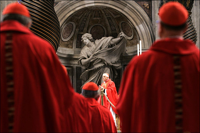 Cardinal Joseph Ratzinger leads his fellow cardinals in an open Mass at St. Peter's Basilica a few hours before they went into the Sistine Chapel to begin the conclave at the Vatican, April 17, 2005.
