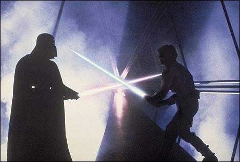 David Prowse as Darth Vader and Mark Hamill as Luke Skywalker in a lightsaber duel in the carbon-freezing chamber on Bespin's Cloud City in 'The Empire Strikes Back' (1980).
