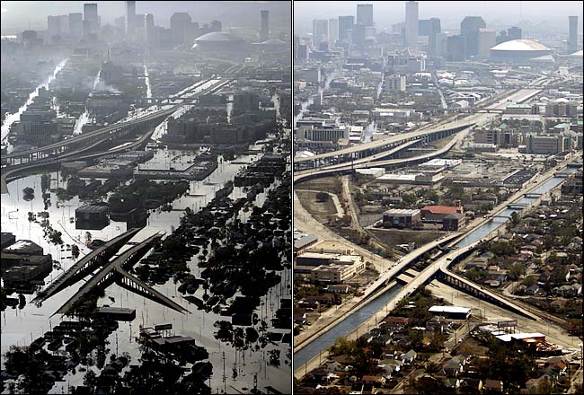 With its levees repaired and pumps working, New Orleans is starting to dry out. Left, the city on August 30, the morning after Hurricane Katrina hit; right, the city on September 11, 2005.