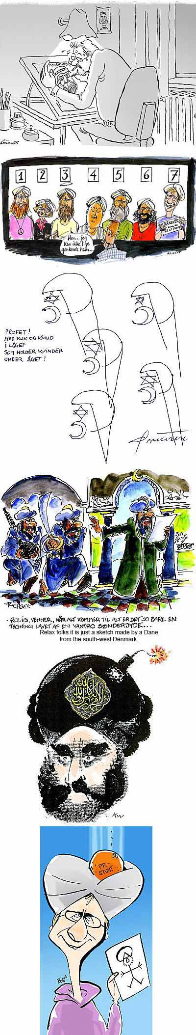 The Danish newspaper Jyllands-Posten series of 12 cartoons showing Muhammad, in one of which he appears to have a bomb in his turban, September 30, 2005.