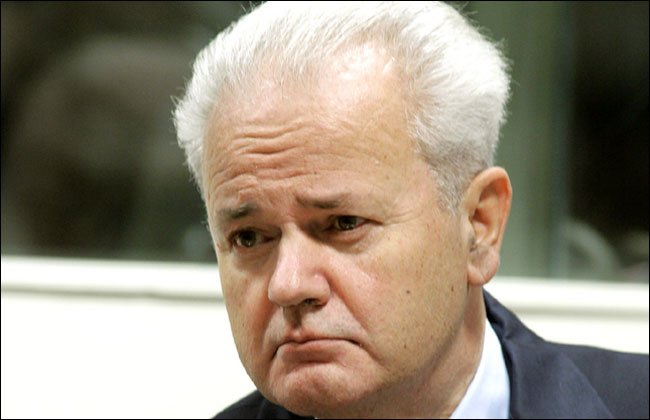 Slobodan Milosevic at the Yugoslav war crimes tribunal, near The Hague, 2004.