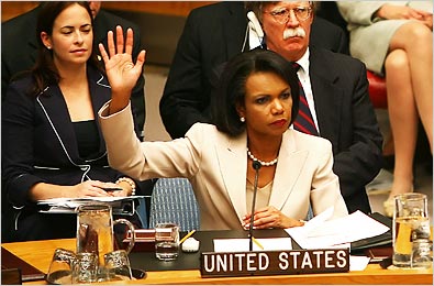 U.S. Secretary of State Condoleezza Rice votes at the U.N. on a resolution calling for an end to the conflict in Lebanon, New York, August 11, 2006.