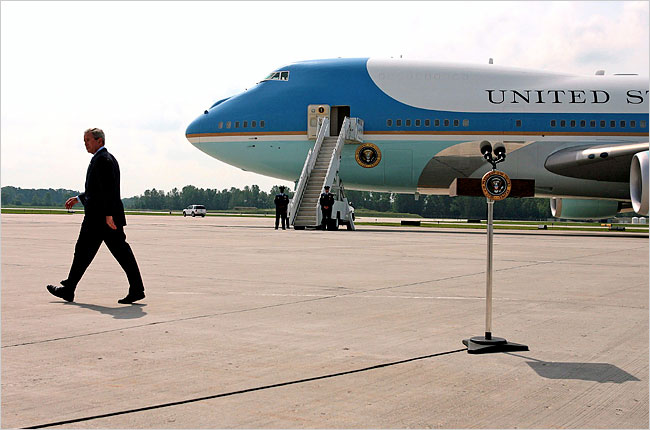 U.S. President George W. Bush speaks at Austin Straubel International Airport in Green Bay, Wisconsin, where he said the United States was 'at war with Islamic fascists,' August 10, 2006.