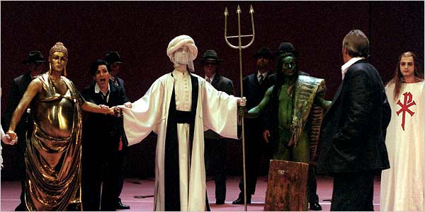 in this 2003 rehearsal scene of Mozart's opera 'Idomeneo,' where the King of Crete, is played by Charles Workmann (front center) faces characters representing various religious leaders, Poseidon, Muhammad, Buddha and Jesus.