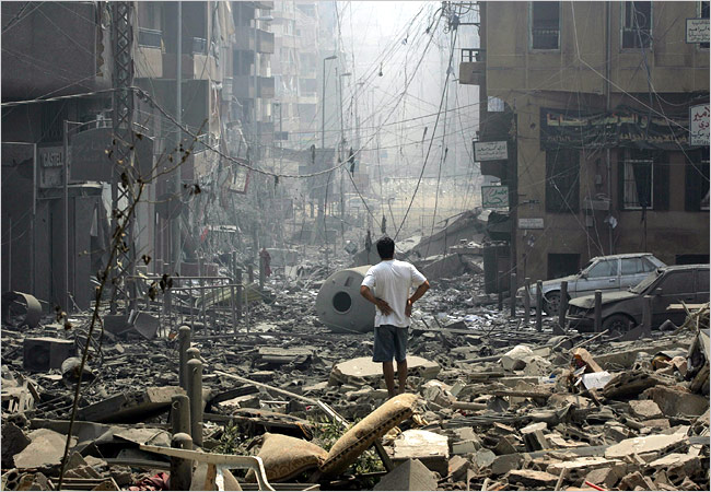 Israeli airstrikes leave massive destruction, Hezbollah headquarters, southern Beirut, July 16, 2006.