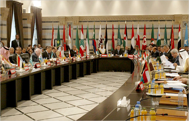 Lebanese Prime Minister Fouad AsSaniora addresses the Arab League Ministerial meeting, Beirut, August 7, 2006.