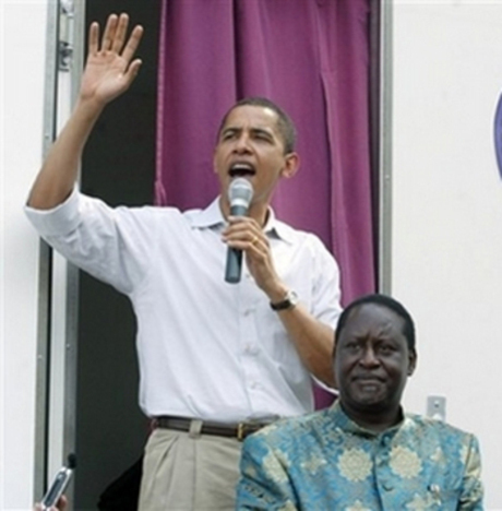 Senator Barack Hussein Obama speaks in praise of Raila Odinga who rallies for the presidency to promote Taliban-style Sharia law in Kenya, Nairobi, August 2006.