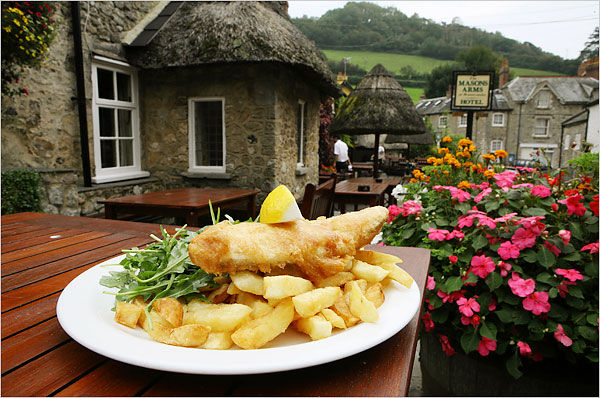 Succulent beer-battered haddock that is caught off the coast at English countryside