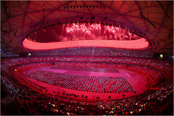 Beijing National Stadium, also known as Bird's Nest, during the opening ceremony of the Olympic Games, August 8, 2008, for which it was used for the first time.
Swiss architects Jacques Herzog and Pierre de Meuron designed a series of cantilevered trusses to support the roof that shades the seats.