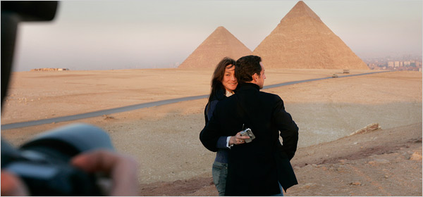 President Nicolas Sarkozy of France and Carla Bruni, a former model, on a sunset visit to the pyramids at Giza, Egypt, December 30, 2007.