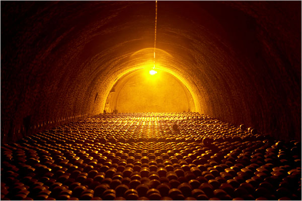Bottles of Champagne in Taittinger's cellar in Reims Taittinger-cellars.
