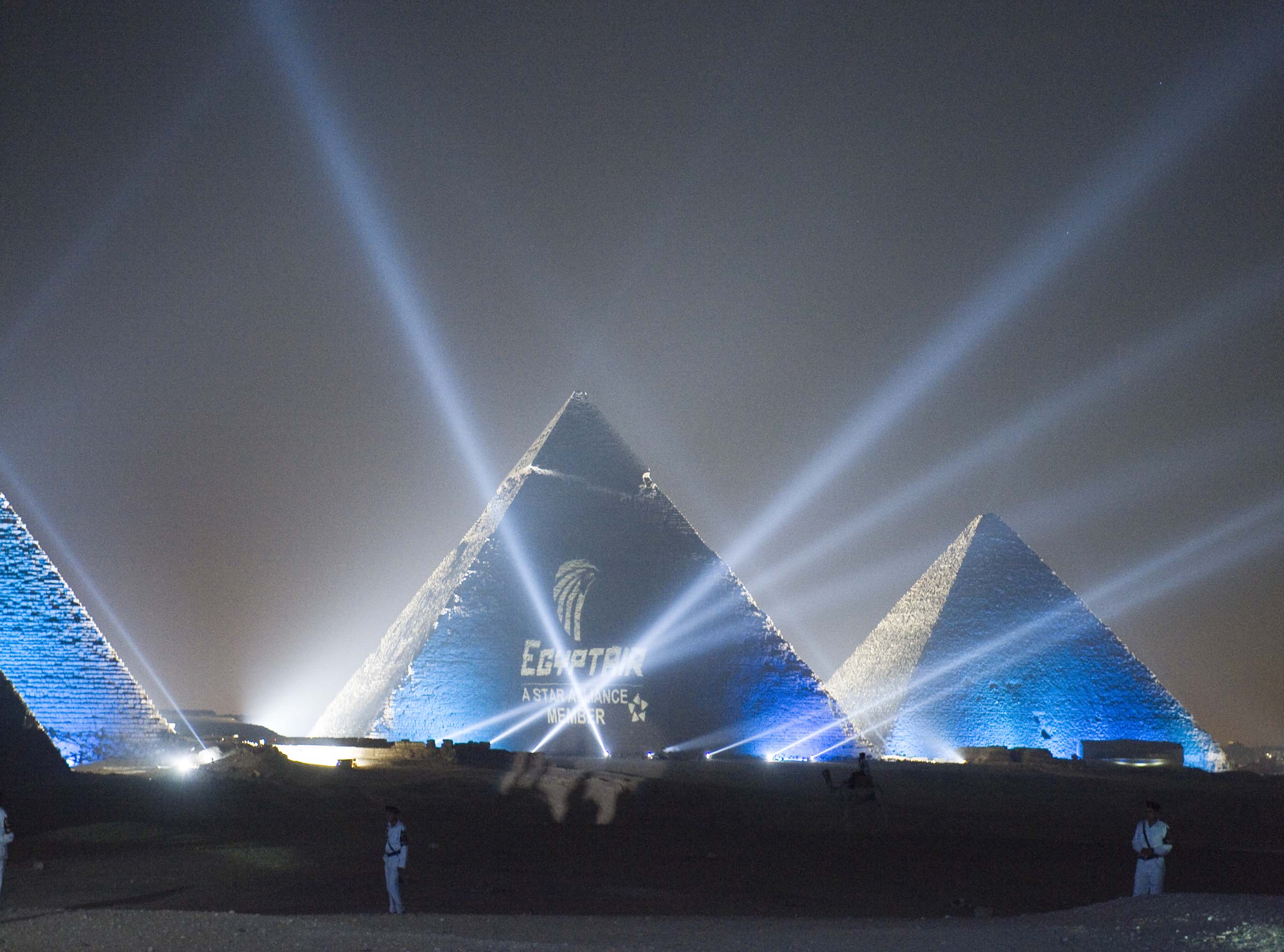 The EgyptAir / Star Alliance Logo projected onto the Pyramids at the joining event as EgyptAir becomes 21st member of the Alliance, Cairo, July 11, 2008.