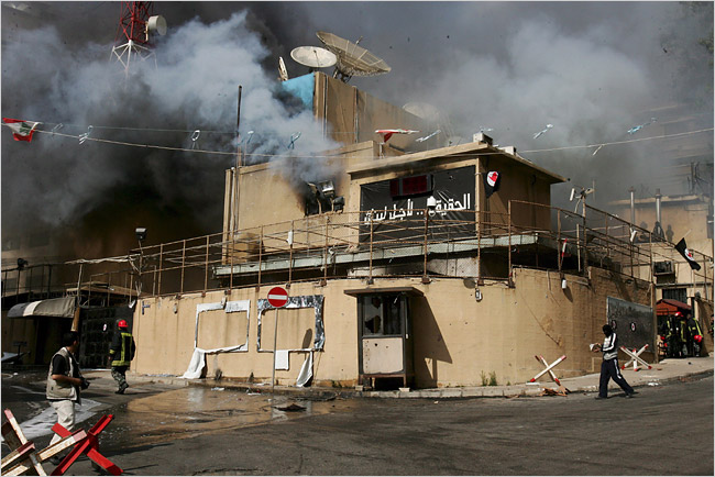 The TV station of the Future Movement, part of the government coalition, is set on fire by Shiite militias, Beirut, May 9, 2008.