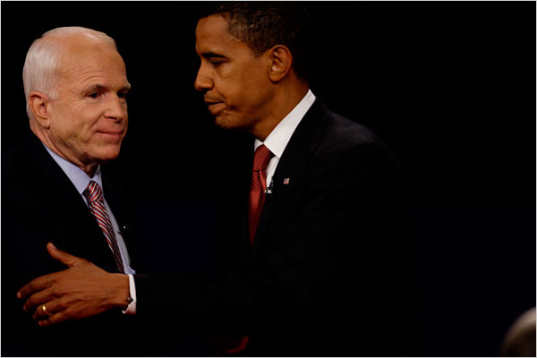Senators John McCain and Barack Hussein Obama during their first presidential debate, where Mr. McCain never looked at his opponent, Oxford, Mississippi, September 26, 2008.