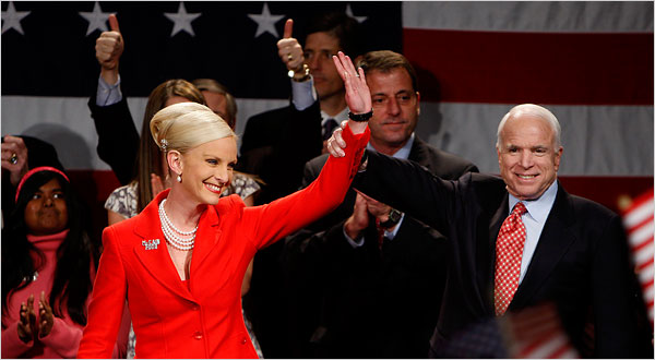 Senator John McCain of Arizona and his wife, Cindy, celebrating with supporters at a country club in Phoenix, February 5, 2008.