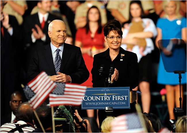 Senator John McCain declares choosing Governor Sarah Palin of Alaska as his vice presidential running mate for the 2008 United States presidential election, Dayton, Ohio, August 29, 2008.