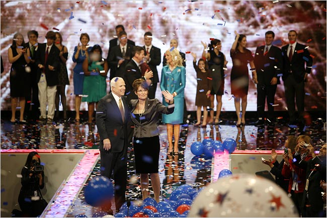 Senator John McCain and his running mate, Governor Sarah Palin and Their spouses and other family members, after McCain's speech to the Republican National Convention, Xcel Energy Center, Saint Paul, Minnesota, September 4, 2008.