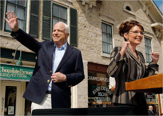 Senator John McCain and Alaska Governor Sarah Palin at campaign rally, Cedarburg, Wisconsin, September 5, 2008.