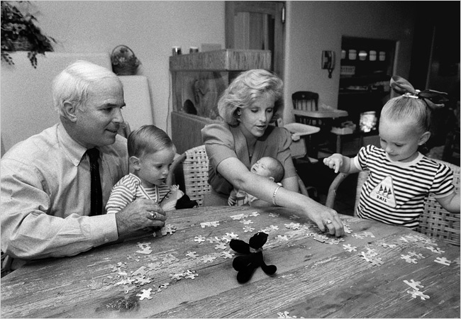 John and Cindy McCain with their children, from left, Jack, Jimmy and Meghan, as Mr. McCain is usually spending the week in Washington and flies home on weekends, 1988.