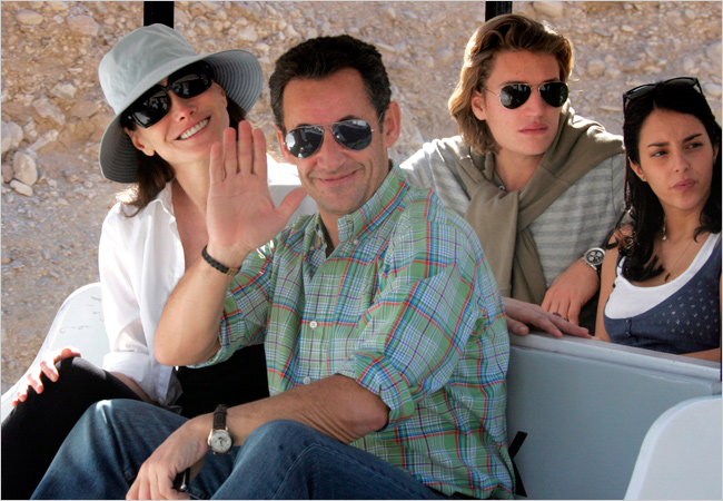 French President Nicolas Sarkozy, Carla Bruni, his wife-to-be, his son Jean Sarkozy and Jessica Sebaoun, his fiance, during a visit to the Valley of the Kings, Luxor, Egypt, December 2007.