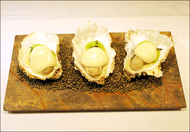 Oysters and cucumber at Origin, London, March 2006.