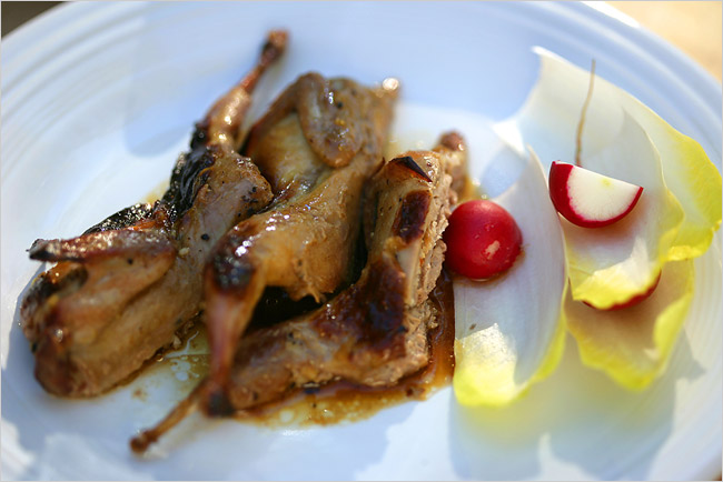 Roast quail with honey, cumin and orange juice.