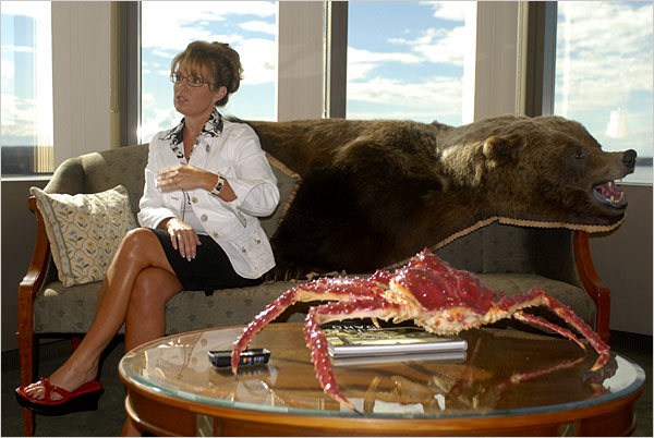 Governor Sarah Palin of Alaska, in her downtown Anchorage office, which has a decidedly Alaskan touch to the dcor, 2007.