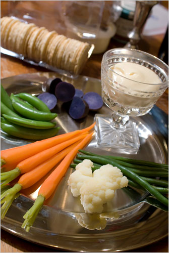 Aioli with steamed cold vegetables is mayonnaise served with lightly cooked carrots, snap peas, purple potatoes, seafood, etc.

