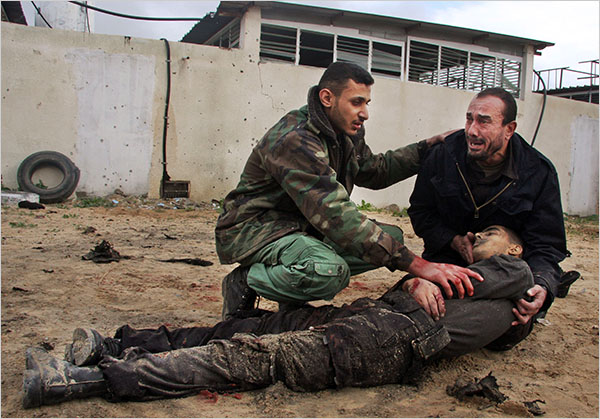 A member of the Hamas security fources is killed as hundreds of Palestinians are also killed and scores more wounded in the first hour of Israels massive attack on about 100 Hamas sites throughout Gaza in retaliation for the recent rocket fire from the area, Gaza, December 27, 2008.