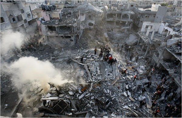 On the sixth day of Israels massive attack on Hamas sites throughout Gaza in retaliation for the recent rocket fire from the area, the rubble of the home of Nizar Rayyan, a senior Hamas leader, which was bombed by the Israeli air force, January 1, 2009.