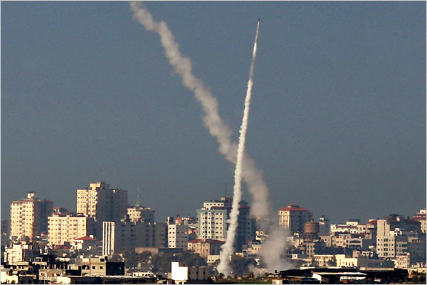 On the seventh day of Israels massive attack on Hamas sites throughout Gaza in retaliation for the recent rocket fire from the area, Hamas fires more rockets from within Palestinian cities into Israel, January 2, 2009.