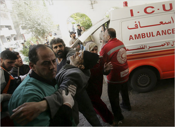 On the ninth day of Israels war against Gaza, a wounded elderly Palestinian man being brought inside a hospital, January 4, 2009.