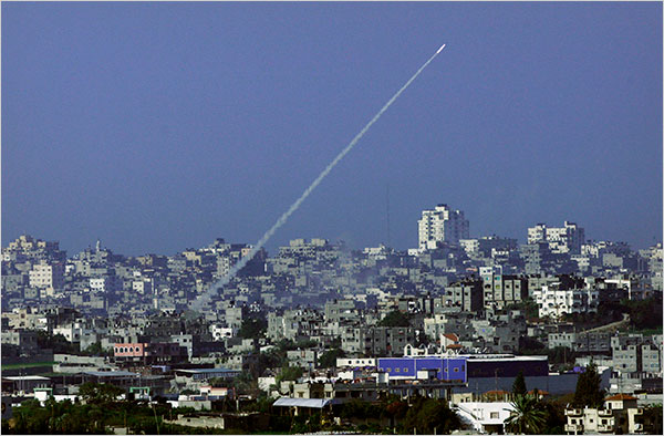On the twelfth day of Israels war against Gaza, a rocket fired from Gaza streaks toward southern Israel, January 7, 2009.