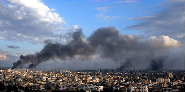 On the sixteenth day of Israel’s war against Gaza, smoke rises over Gaza City, where Israeli troops were clashing with Palestinian fighters in what was described as a fierce battle, January 11, 2009.