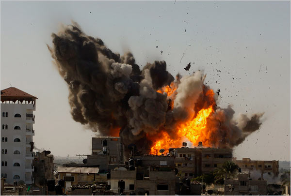On the eighteenth day of Israel’s war against Gaza, an explosion from an Israeli air strike, Rafah, January 13, 2009.