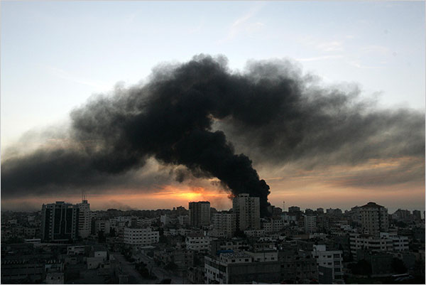 On the twentieth day of Israels war against Gaza, Israeli forces shell areas deep inside Gaza City, hitting the headquarters of the United Nations Relief and Works Agency (UNRWA), January 15, 2009.
