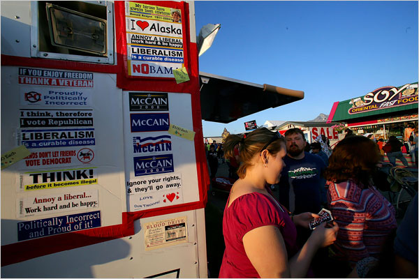 Republican booth at Alaska State Fair in Palmer, just a few miles from Wasilla, Governor Sarah Palins hometown, Alaska, September 2008.