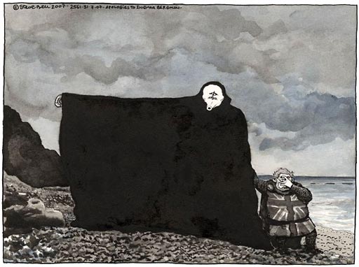 The Guardian cartoon, by Steve Bell, on U.K. Prime Minister Gordon Brown's meeting with President George W. Bush in Washington. that coincided with the departure of the Sweden film artist Ingmar Bergman. Cartoon imitating the famous scene from The Seventh Seal (1957), appeared in the next day's paper, July 31, 2007.